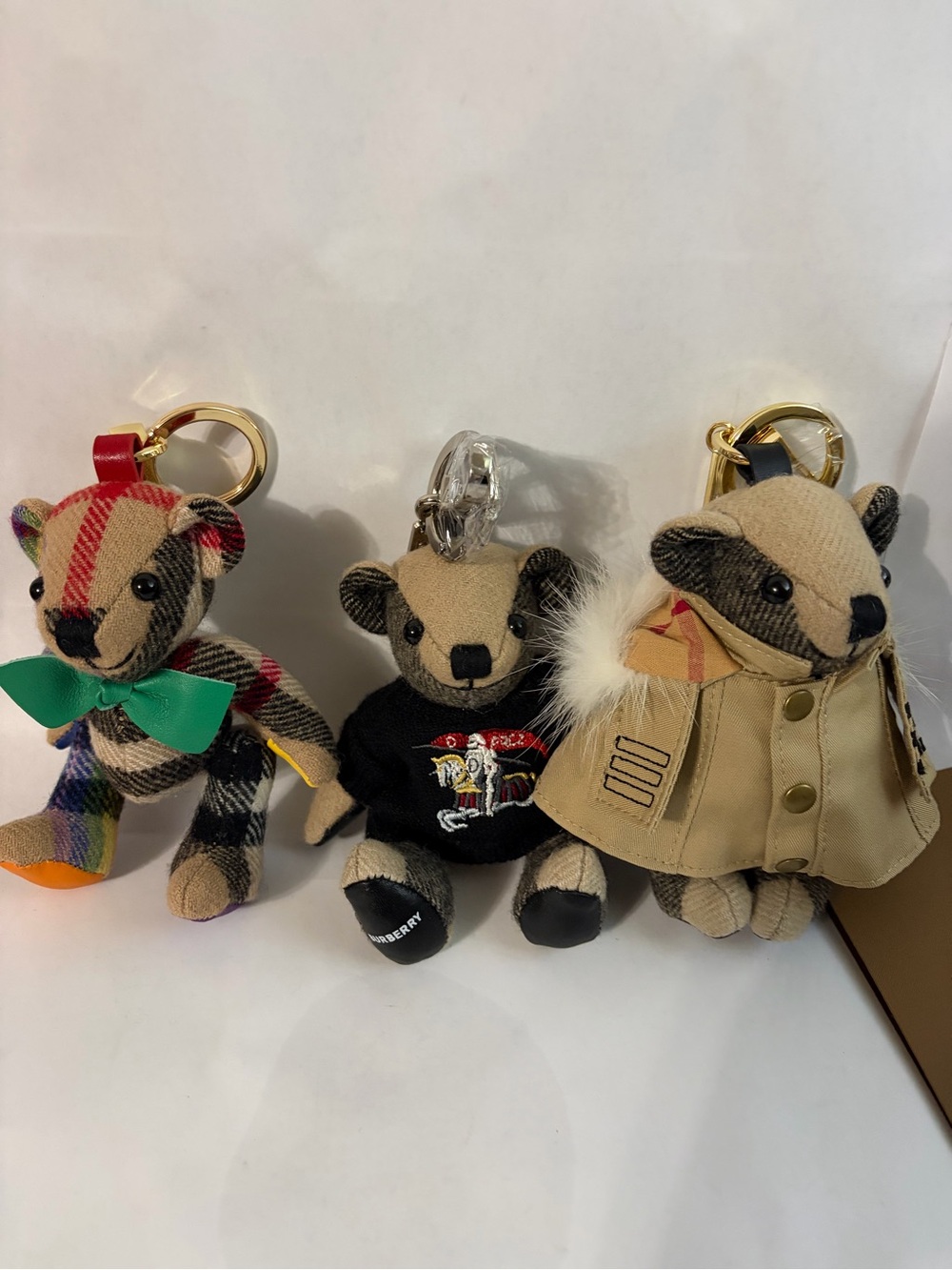 Burberry Trio of Check Bear Keychains in Beige, Black and Multicolor